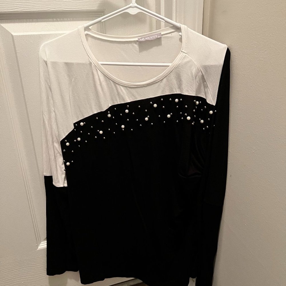 Black and White pearl studded blouse